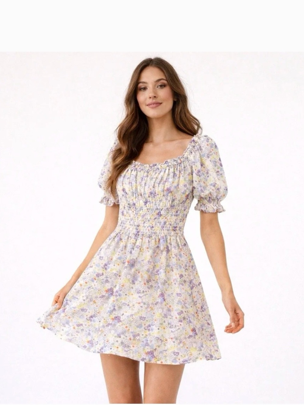 LEVIS Floral Smocked Puff-Sleeve Mini Dress - Lavender Multicolored